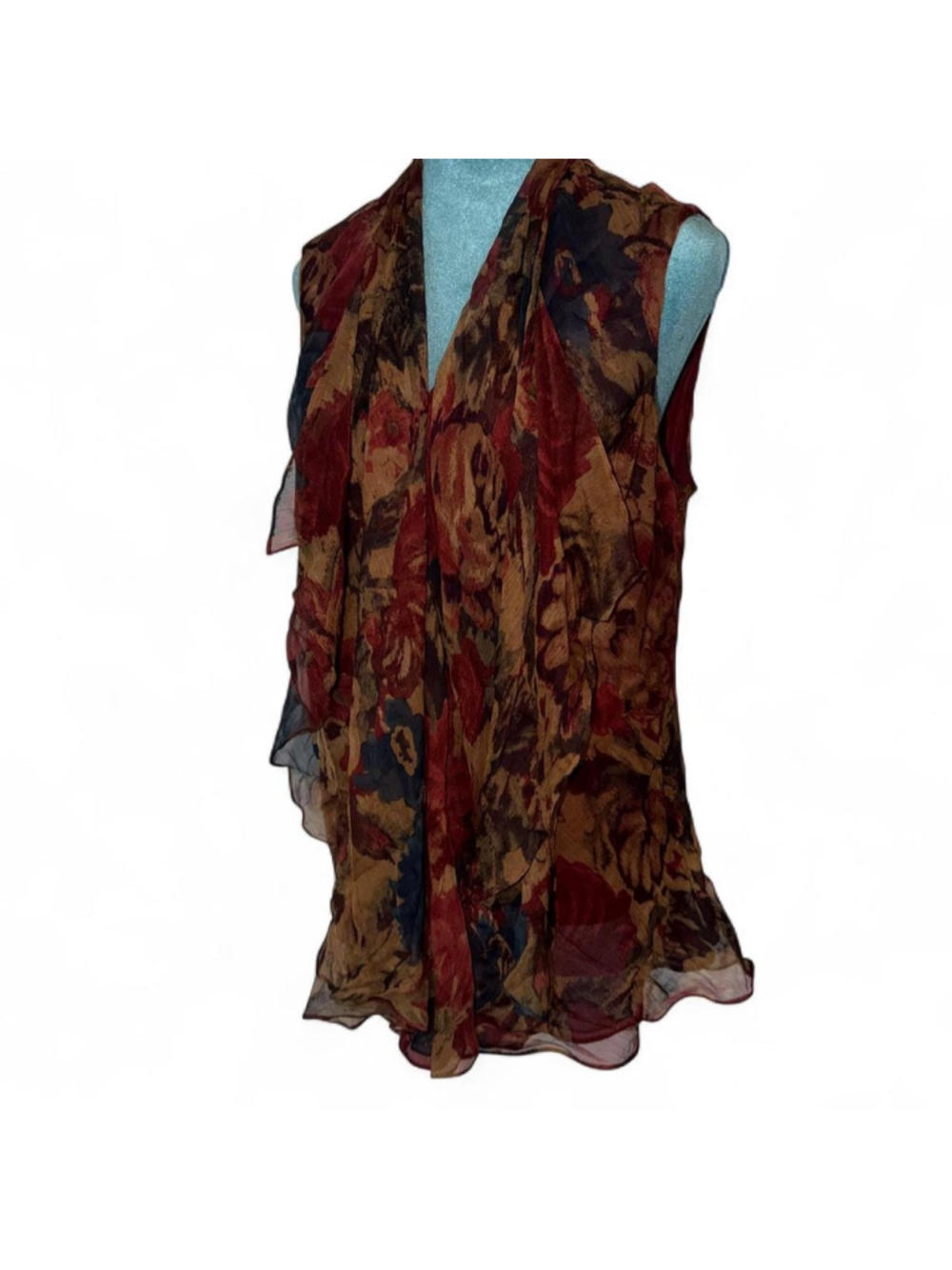 Ralph Lauren brown, red, and black floral polyester blouse, size 16W